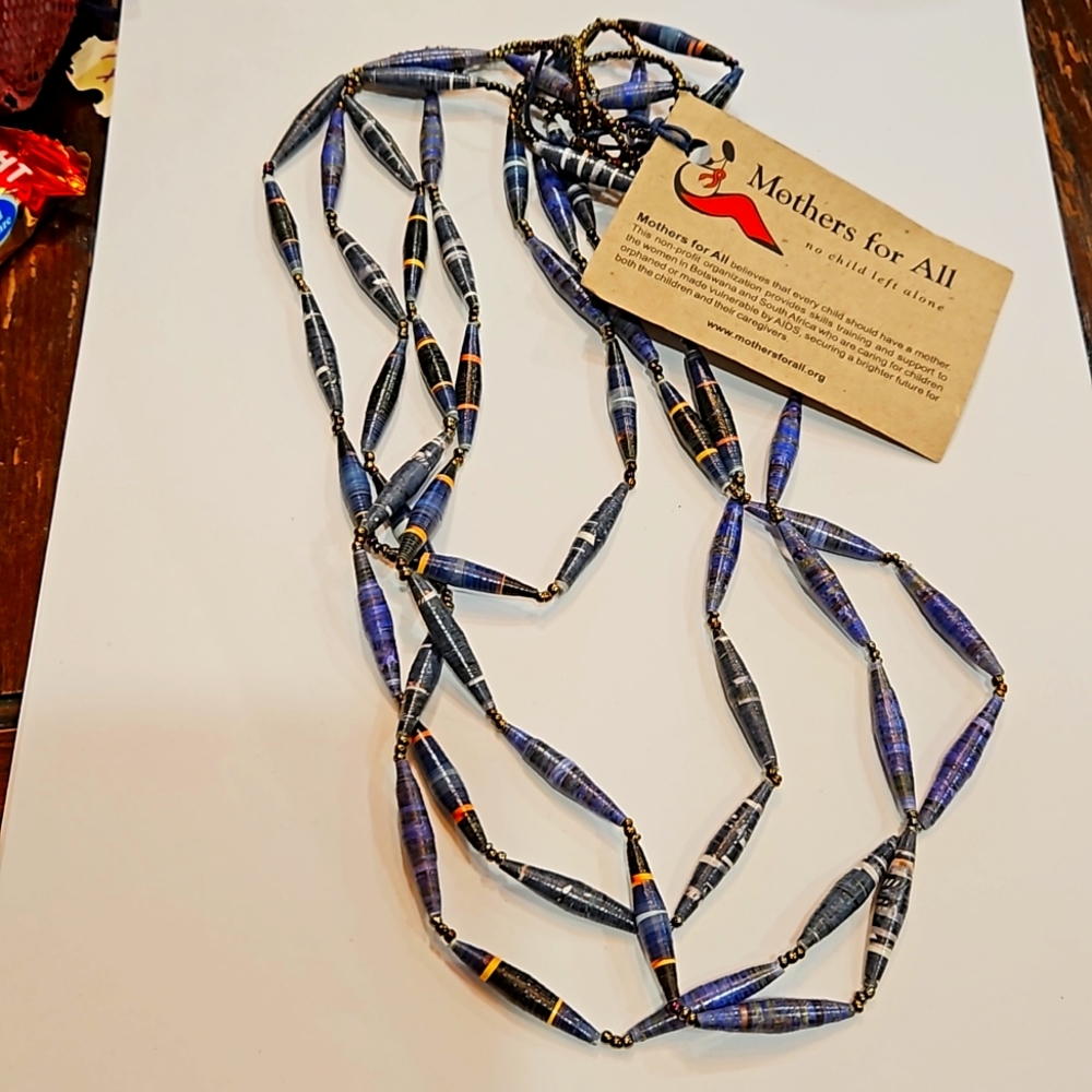 NWT SOUTH AFRICAN RECYCLED MAGAZINE BLUE 4 STRAND NECKLACE Unique Necklace